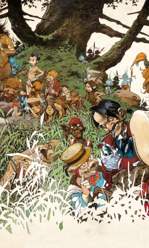 affiche représentant tous les personnages de la BD Peter Pan par Régis Loisel